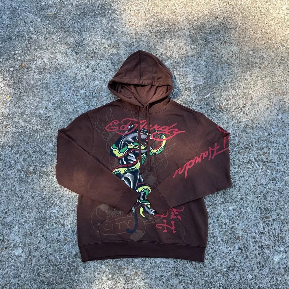 Ed Hardy Brown Hoodie with Red and Green Graphic
